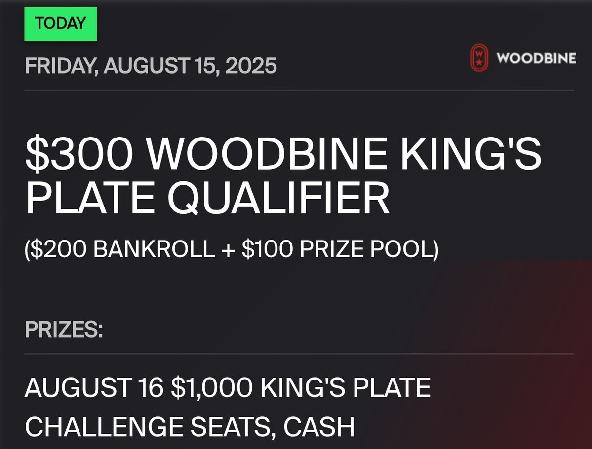 Tyler Frausto (@wageringtyler) on Twitter photo THREE $40 feeders today on <a href="/Xpressbet/">Xpressbet</a> (<a href="/TheNYRA/">NYRA (🎪)</a>, <a href="/DelMarRacing/">Del Mar Racetrack</a>, and <a href="/RaceCharlesTown/">Race Charles Town</a>), plus the featured King’s Plate Qualifier!
1 seat for every 10 entries earns a spot in tomorrow’s big <a href="/WoodbineTB/">Woodbine Racetrack</a> tournament. Don’t miss your chance! 🏇💨
More Info: xpressbet.com/tournaments THREE $40 feeders today on <a href="/Xpressbet/">Xpressbet</a> (<a href="/TheNYRA/">NYRA (🎪)</a>, <a href="/DelMarRacing/">Del Mar Racetrack</a>, and <a href="/RaceCharlesTown/">Race Charles Town</a>), plus the featured King’s Plate Qualifier!
1 seat for every 10 entries earns a spot in tomorrow’s big <a href="/WoodbineTB/">Woodbine Racetrack</a> tournament. Don’t miss your chance! 🏇💨
More Info: xpressbet.com/tournaments