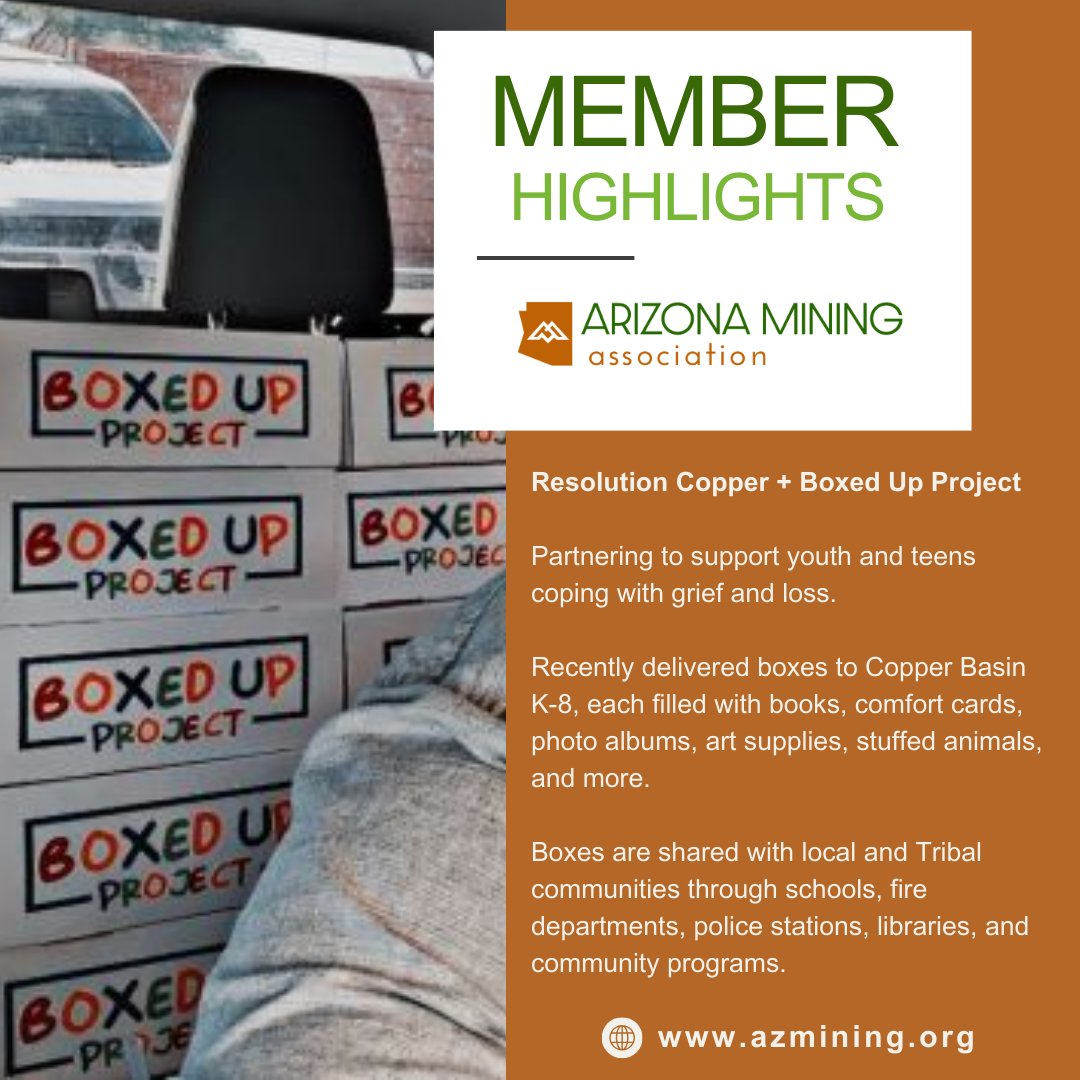 azmining's tweet photo. #AMAMemberHighlights – We love seeing our members give back! @resolutioncu &amp; the Boxed Up Project delivered grief-support boxes to Copper Basin K-8, helping youth process loss with meaningful items.

Spreading hope &amp; healing across Arizona.
#MoreThanMining #BoxedUpProject https://t.co/aqAcWcpwqR
