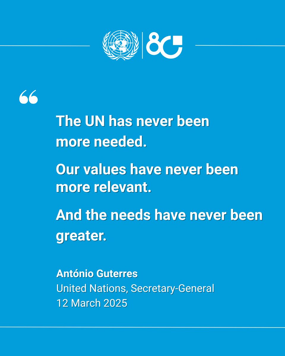 United Nations (@un) on Twitter photo For 80 years, the UN has helped find solutions to challenges that cannot be resolved by any one country acting alone.
“The United Nations has never been more needed.
Our values have never been more relevant.
And the needs have never been greater.”
– <a href="/antonioguterres/">António Guterres</a> For 80 years, the UN has helped find solutions to challenges that cannot be resolved by any one country acting alone.
“The United Nations has never been more needed.
Our values have never been more relevant.
And the needs have never been greater.”
– <a href="/antonioguterres/">António Guterres</a>