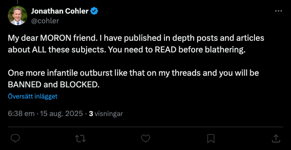 Per "md2perpe" Persson (@md2perpe) on Twitter photo Pseudoscientific AGW deniers like <a href="/cohler/">Jonathan Cohler</a> are snowflakes who can't stand being questioned or corrected. Pseudoscientific AGW deniers like <a href="/cohler/">Jonathan Cohler</a> are snowflakes who can't stand being questioned or corrected.