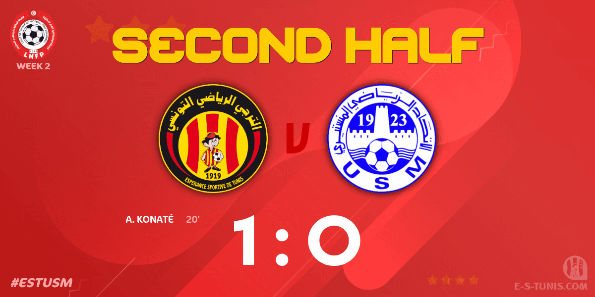 ESTuniscom's tweet photo. ⏱ 46' | #Ligue1Tn🇹🇳 Week 2 #ESTUSM | @ESTuniscom 1⃣-0⃣ #USMonastir : The second half kicks off / بداية الشوط الثاني / Coup d'envoi de la seconde période https://t.co/QoT19wnhCH