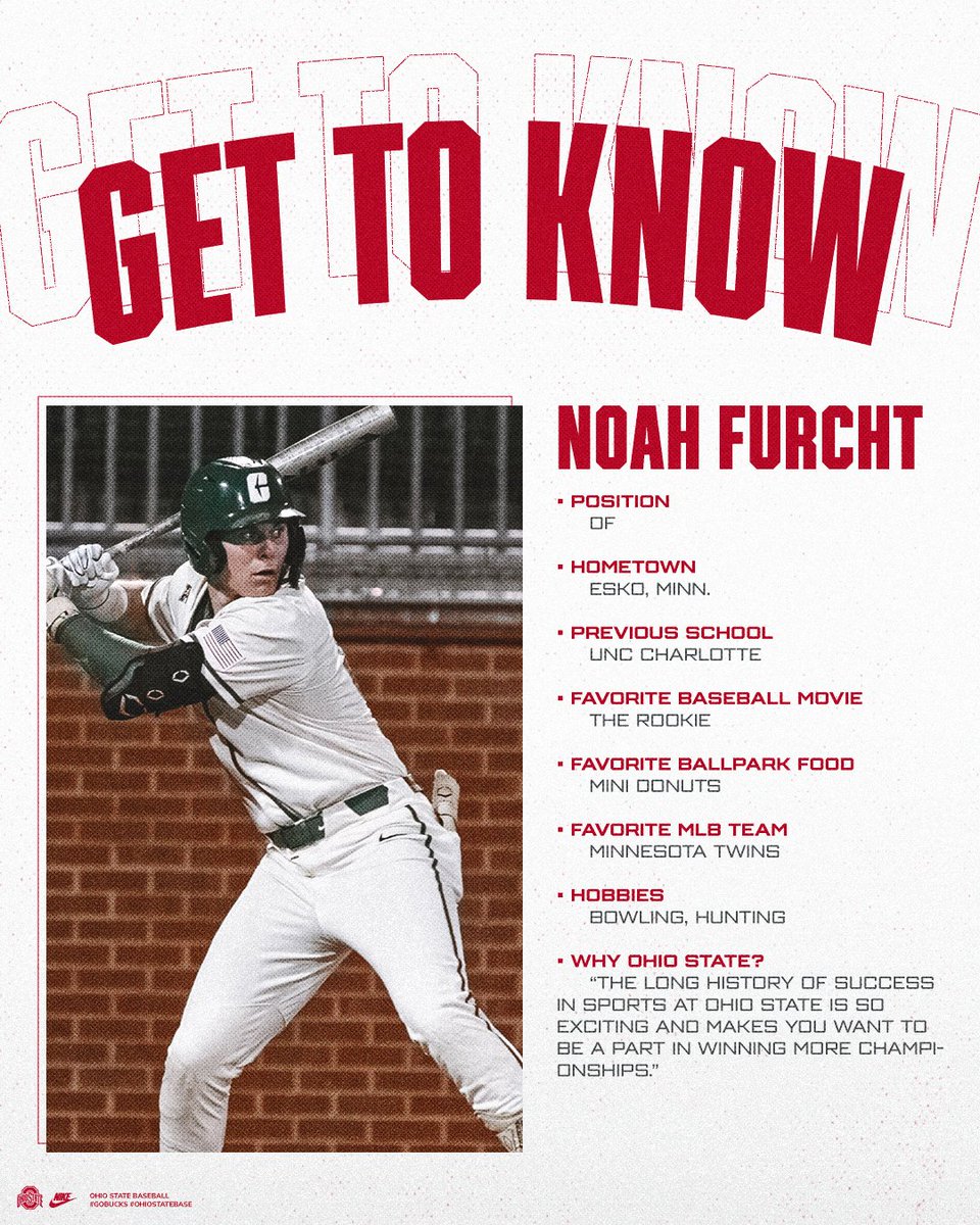 Today we're featuring <a href="/Noah_Furcht20/">Noah Furcht</a> ! A career .277 hitter, Noah tallied 113 hits and 62 RBIs in two seasons at UNC Charlotte and was a CSC Academic All-District honoree!

#GoBucks