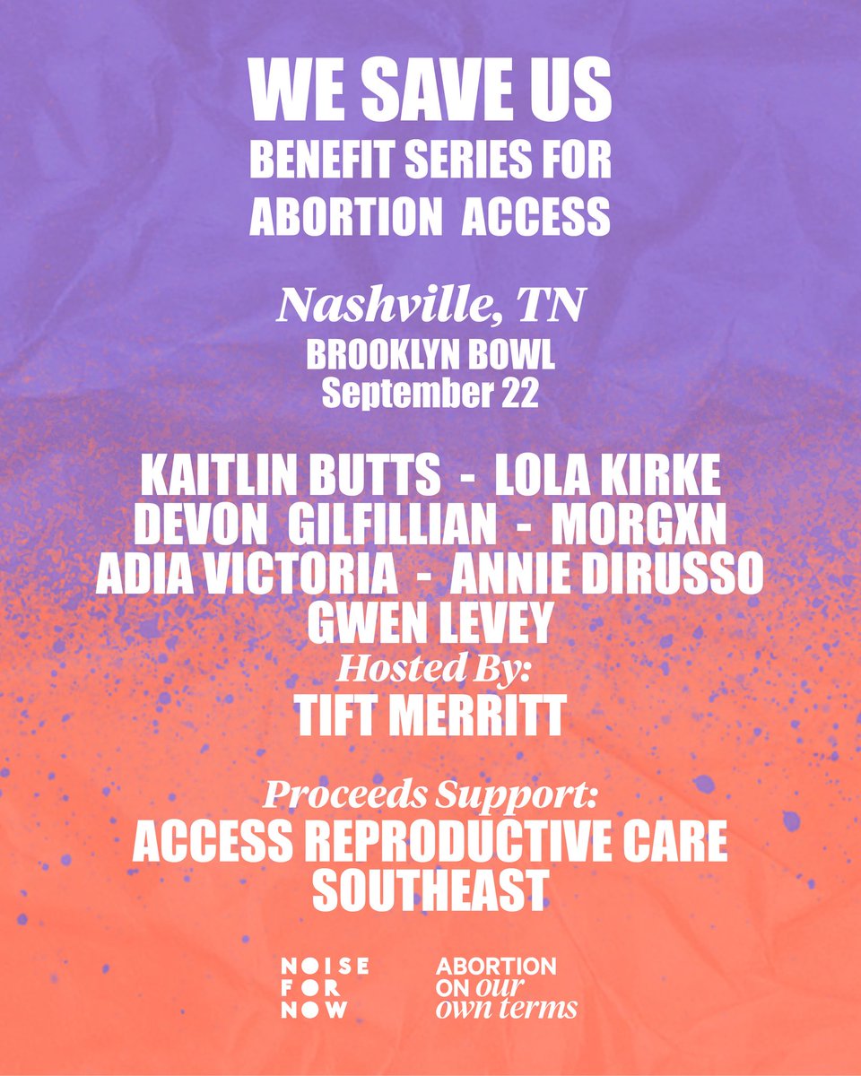 I’m happy to share that I’ll be performing as part of the WE SAVE US Benefit Series for Abortion Access, presented by <a href="/noisefornow/">NOISE FOR NOW</a> and Abortion On Our Own Terms. 

Proceeds from the Nashville event support ARC-Southeast. 

ticketmaster.com/event/1B006308…