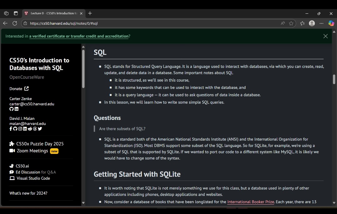 CreativeDhanush's tweet image. Just started learning #SQL (#StructuredQueryLanguage)📊
Explored Querying through @Harvard's #CS50’s Introduction to #Databases with SQL — and wow, it’s actually fun and interesting! 💡 #BoyInTech #BoyWhoCodes #100DaysOfCode