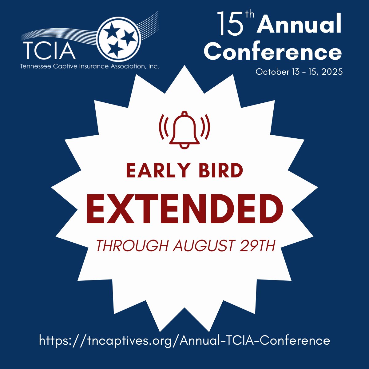 Early bird registration has been EXTENDED through Aug 29th for the TCIA 15th Annual Conference! Connect, learn, and lead at the captive insurance industry’s premier event. 

🗓 October 13–15, 2025
📍Embassy Suites by Hilton - Nashville, TN

tncaptives.org/Annual-TCIA-Co…

#TCIA2025
