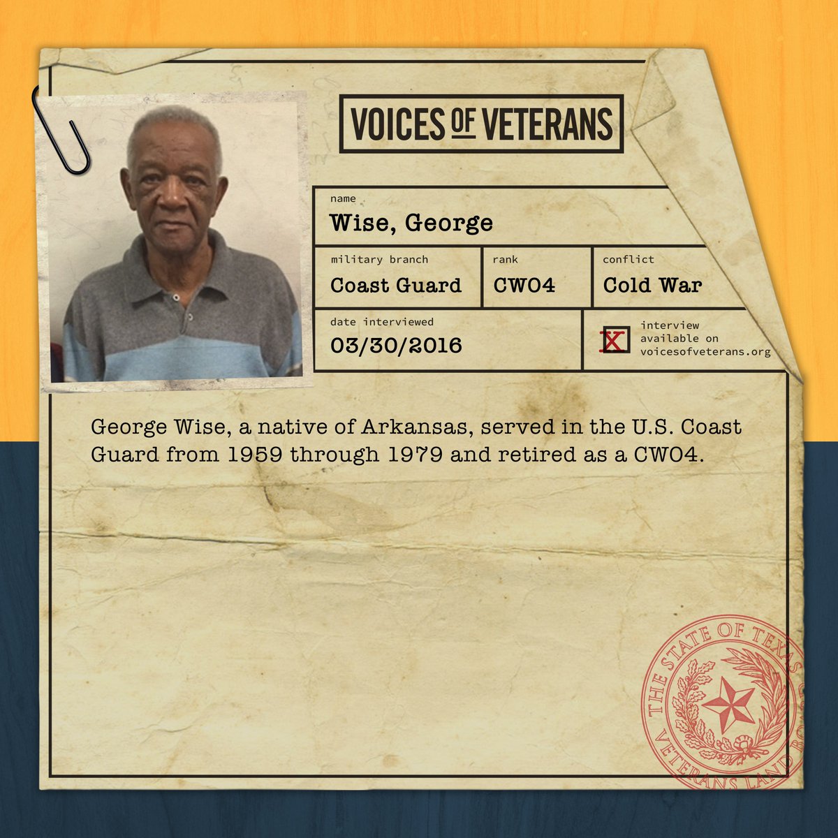 VoiceOfVeterans's tweet photo. VLB Chairwoman Dawn Buckingham, M.D., is proud to introduce the next installment of the series highlighting the @TexasVLB's Voices of Veterans Program.

This week, we highlight the service of Chief Warrant Officer 4 (CWO 4) George Wise.

Listen here:
https://t.co/Ij98GGSQlD https://t.co/OMdd44CoCj
