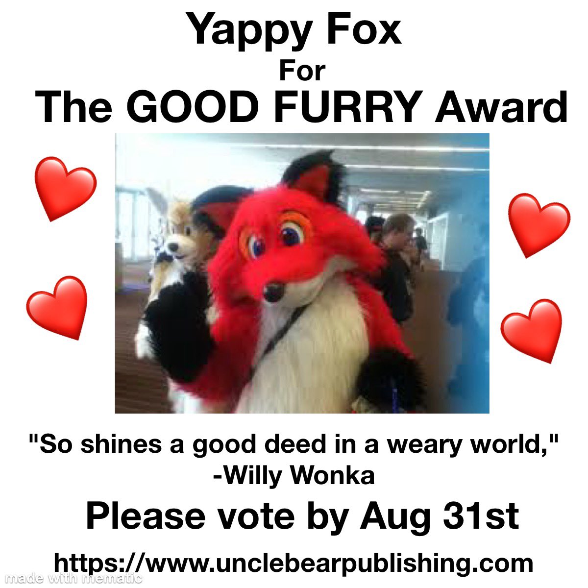 unclebearpublishing.com/vote.html#/
Please review and vote. 
We hope you select Yappy Fox. 
Thank you.