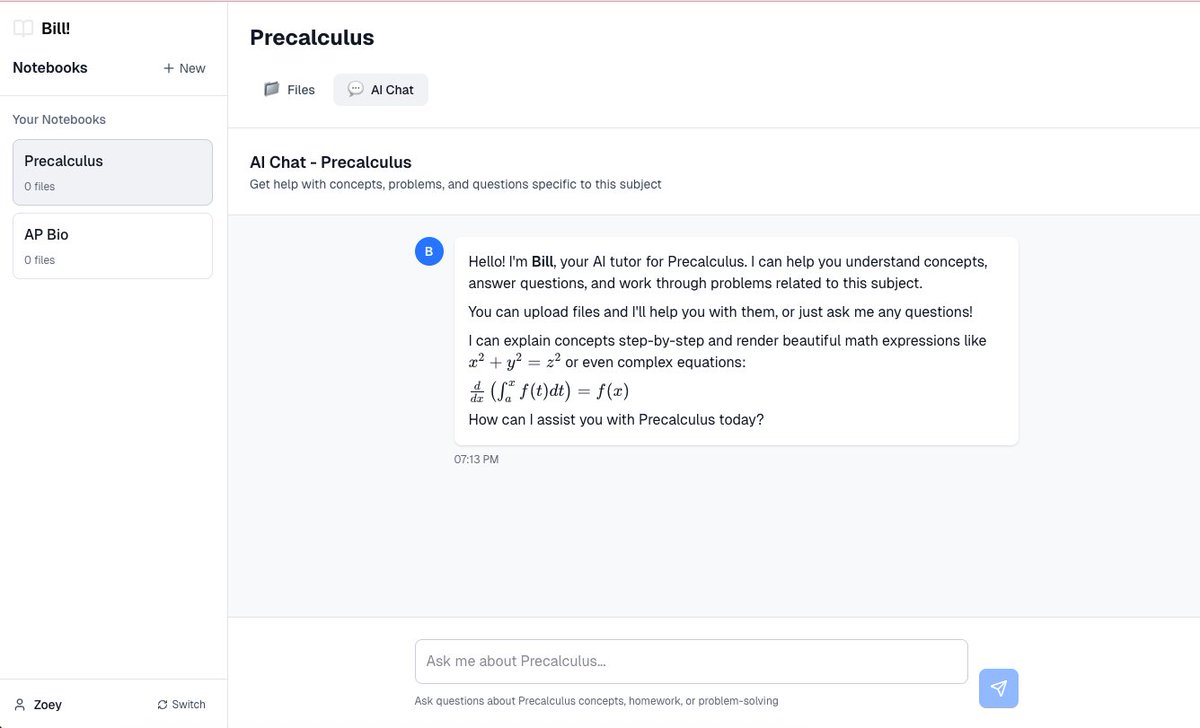 The kids just went back to school, and I wouldn't be much of an AI mom if I didn't build them their own version of NotebookLM that is *permanently* in tutor mode, with "beautiful math expressions" as Bill calls it.

Benefits: Added a bunch of features I've always wanted (web