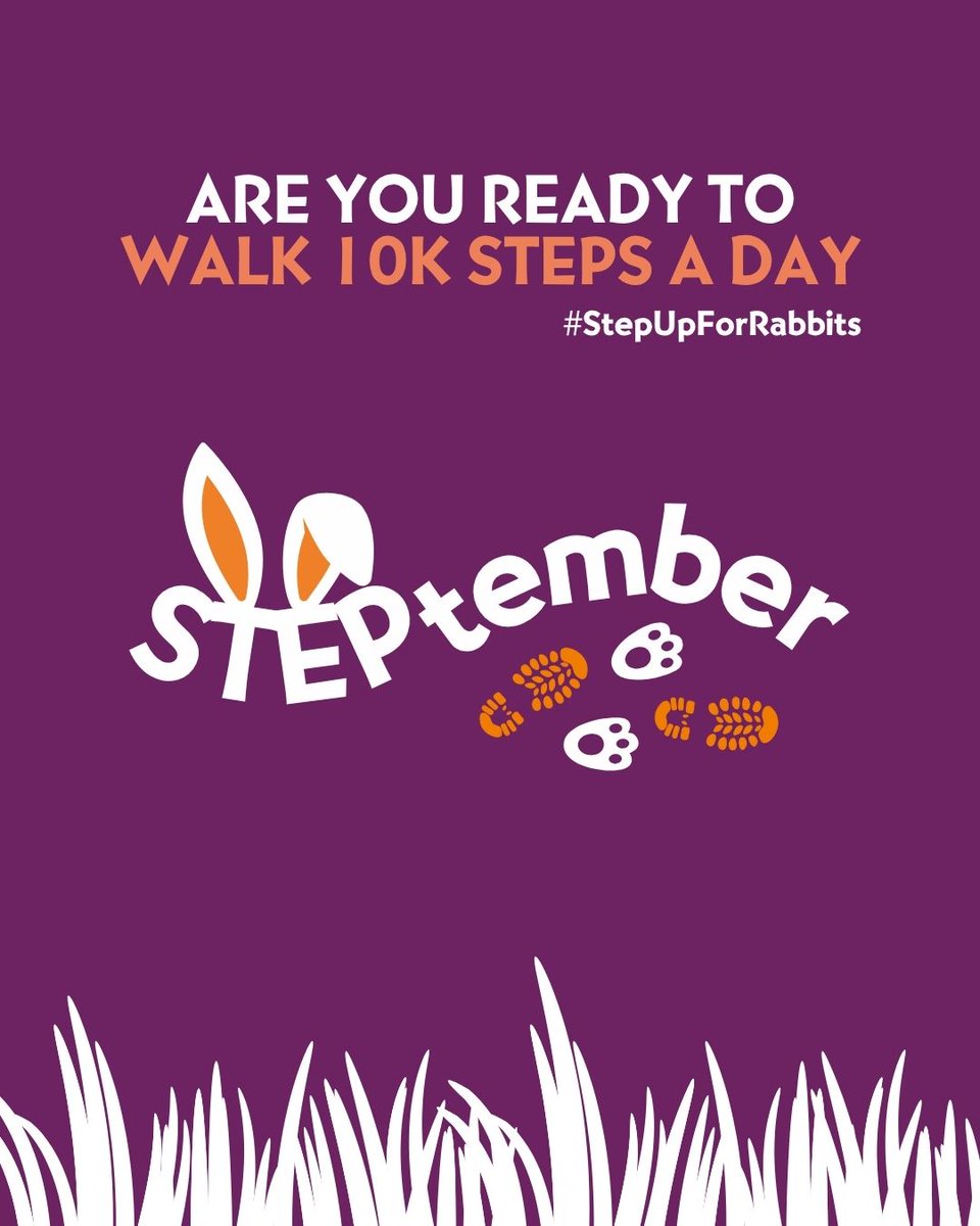 RabbitRWAF's tweet photo. Are you ready to walk 10,000 steps a day for rabbit welfare?

If so, it’s time to sign up to STEPtember 👣

Challenge: Walk 10,000 steps a day throughout September.
Start Date: 1st September 2025
Find out more: https://t.co/ZB1QaVfcZO

#StepUpForRabbits https://t.co/dTtkmROsob