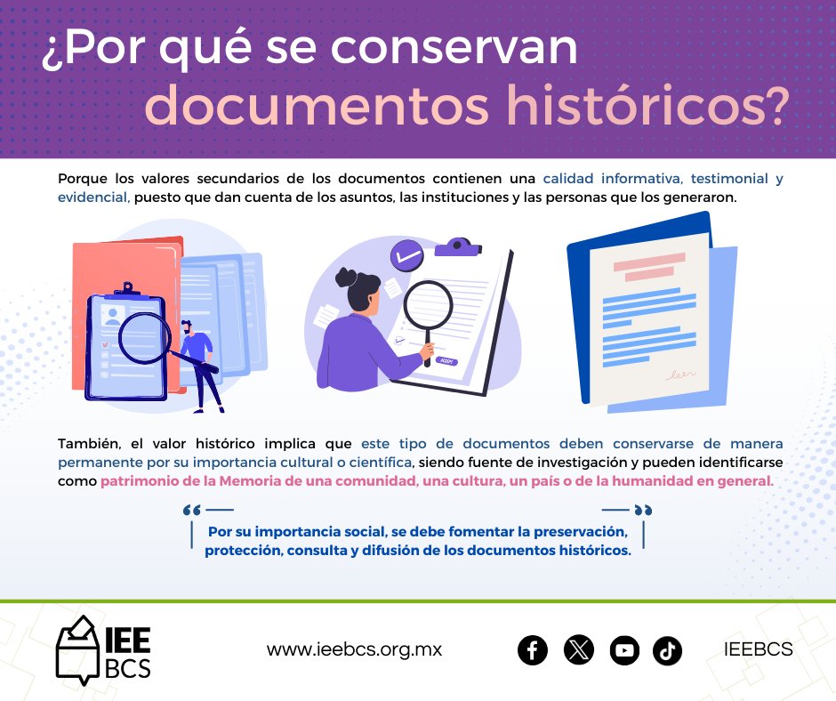 #IEEBCSInforma

🤔📜¿Sabes por qué se conservan documentos históricos?
🤓☝️Te compartimos la siguiente información.

#Archivo #IEEBCS #BCS #Documentos #Conservación