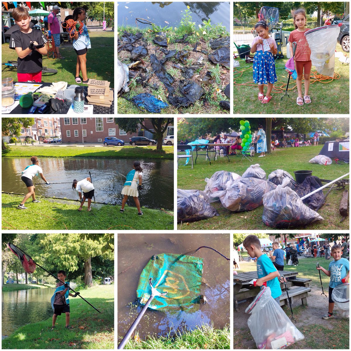 Op de foto’s zie je een impressie van de Singel-cleanup tijdens de ‘Summerparty’ op het Pinasplein. 
Het was heet, erg heet, en dan ben je natuurlijk graag aan de waterkant! Met visnetten, magneten en afvalgrijpers, want dat is óók lekker fris voor de Hoekersingel zelf! :-)