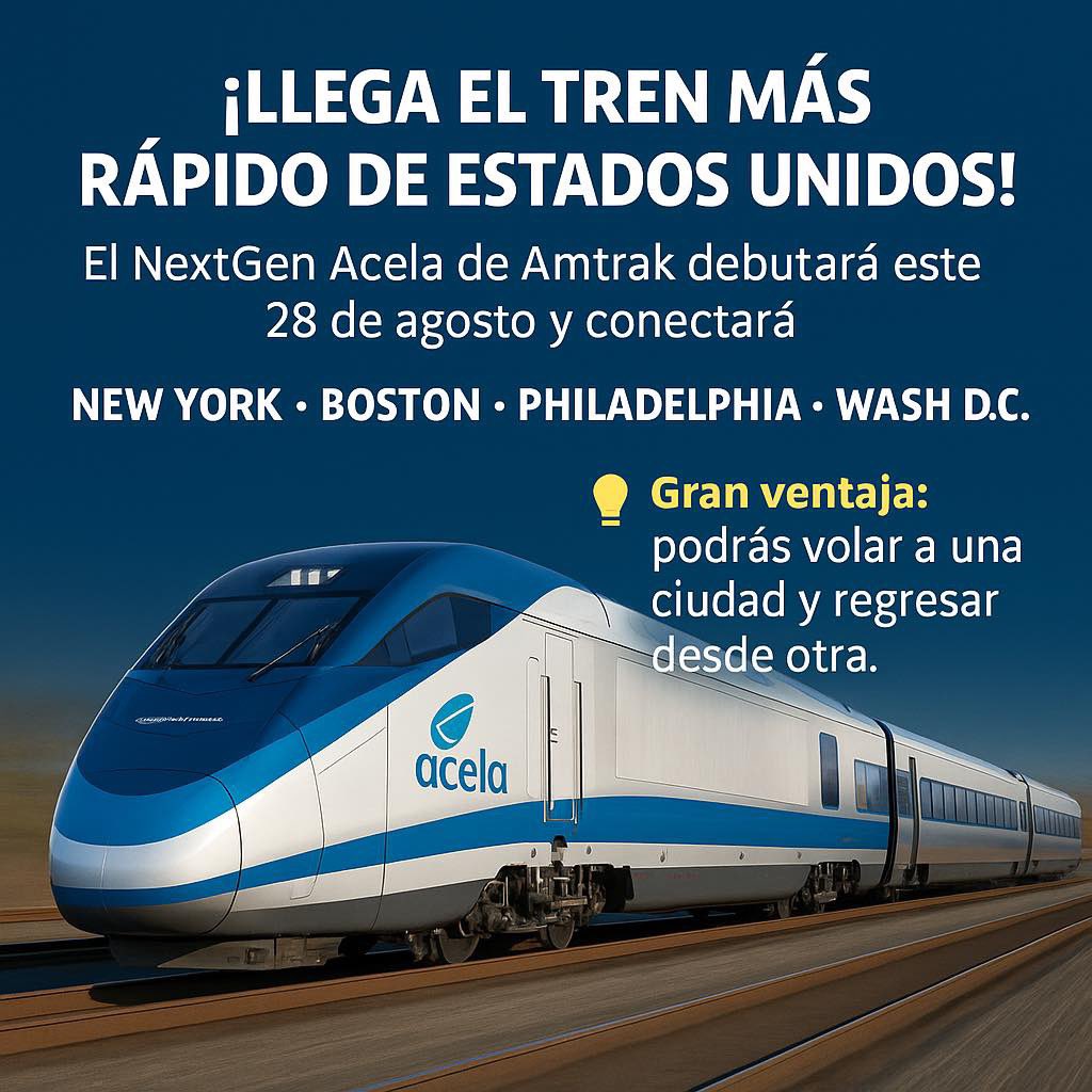 🚄💨 ¡Llega el tren más rápido de Estados Unidos! 😱🗽

¡Lo podrás tomar desde New York! El NextGen Acela de Amtrak debutará este 28 de agosto y conectará New York, Boston, Philadelphia y Washington D.C. con más velocidad y comodidad que nunca.

📍 Velocidad máxima: 160 mph (257