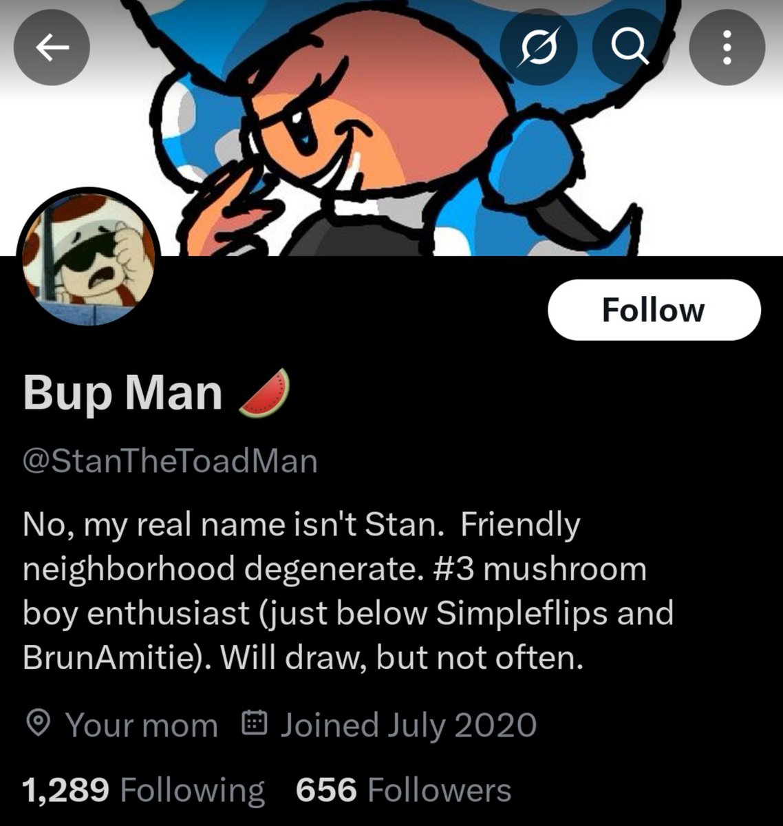 2Stan2ToadMan's tweet image. ⚠️ RT FOR MUTUALS!! ⚠️

I can no longer access my original profile @StanTheToadMan , so I am using this older account I have for now.

I am currently doing my best to re-follow everyone I had previously followed. If you would like to help, please spread the word.
