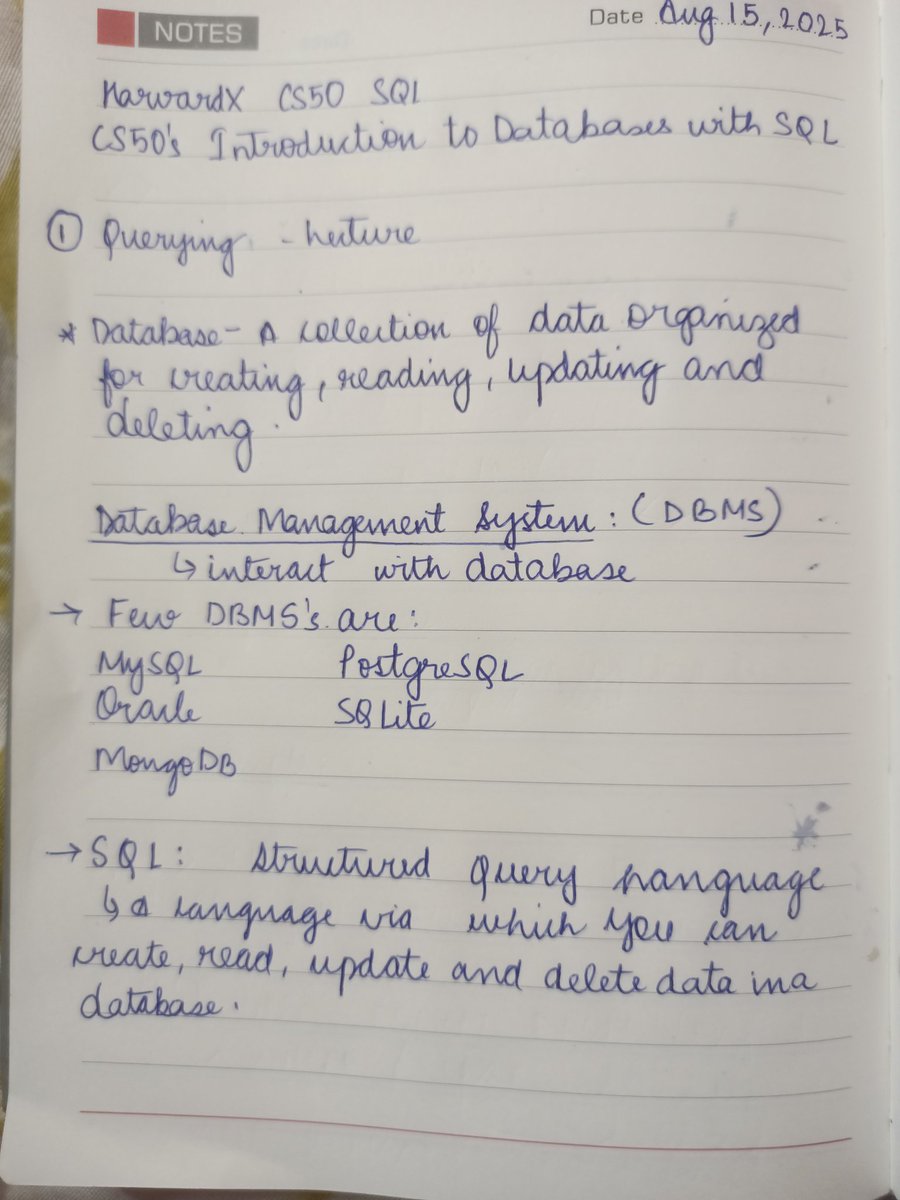 CreativeGracey's tweet image. Just started learning #SQL (#StructuredQueryLanguage)📊
Explored Querying through @Harvard's #CS50’s Introduction to #Databases with SQL — and wow, it’s actually fun and interesting! 💡 #GirlInTech #GirlWhoCodes #100DaysOfCode