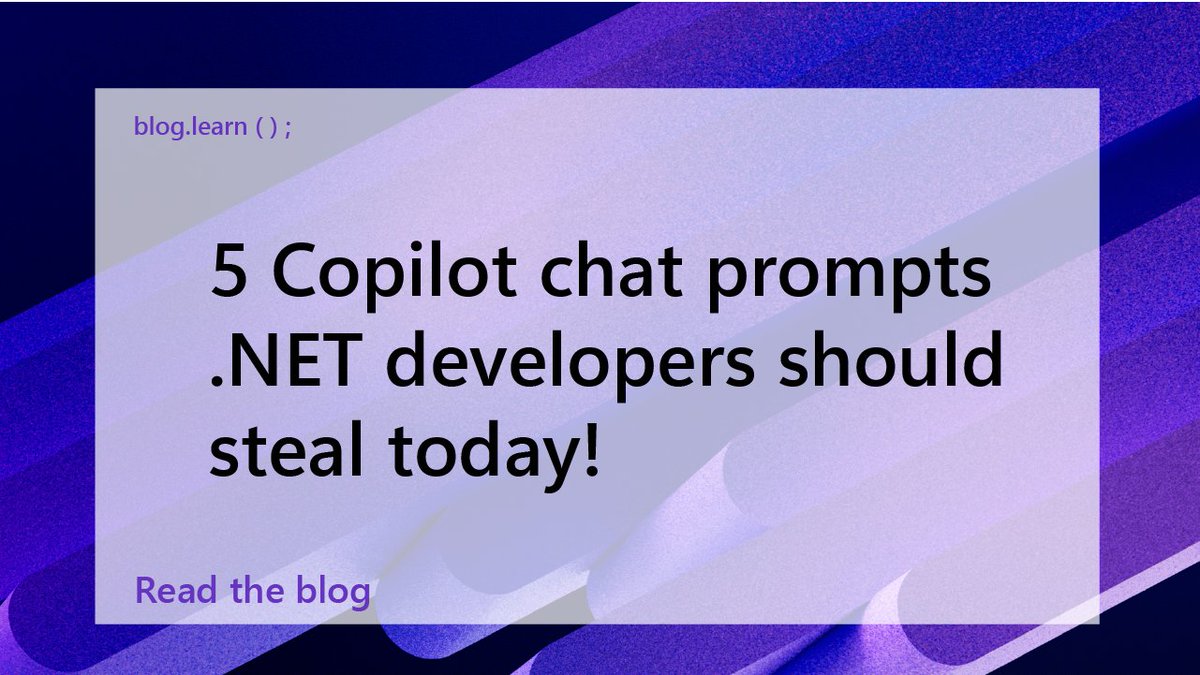 dotnet's tweet image. Copilot isn’t just autocomplete—it’s your new coding partner.
Microsoft shares 5 must-steal prompts for #dotnetdevs to boost productivity, debug smarter, and refactor like a pro 💡
Blog: msft.it/6013s3ACZ