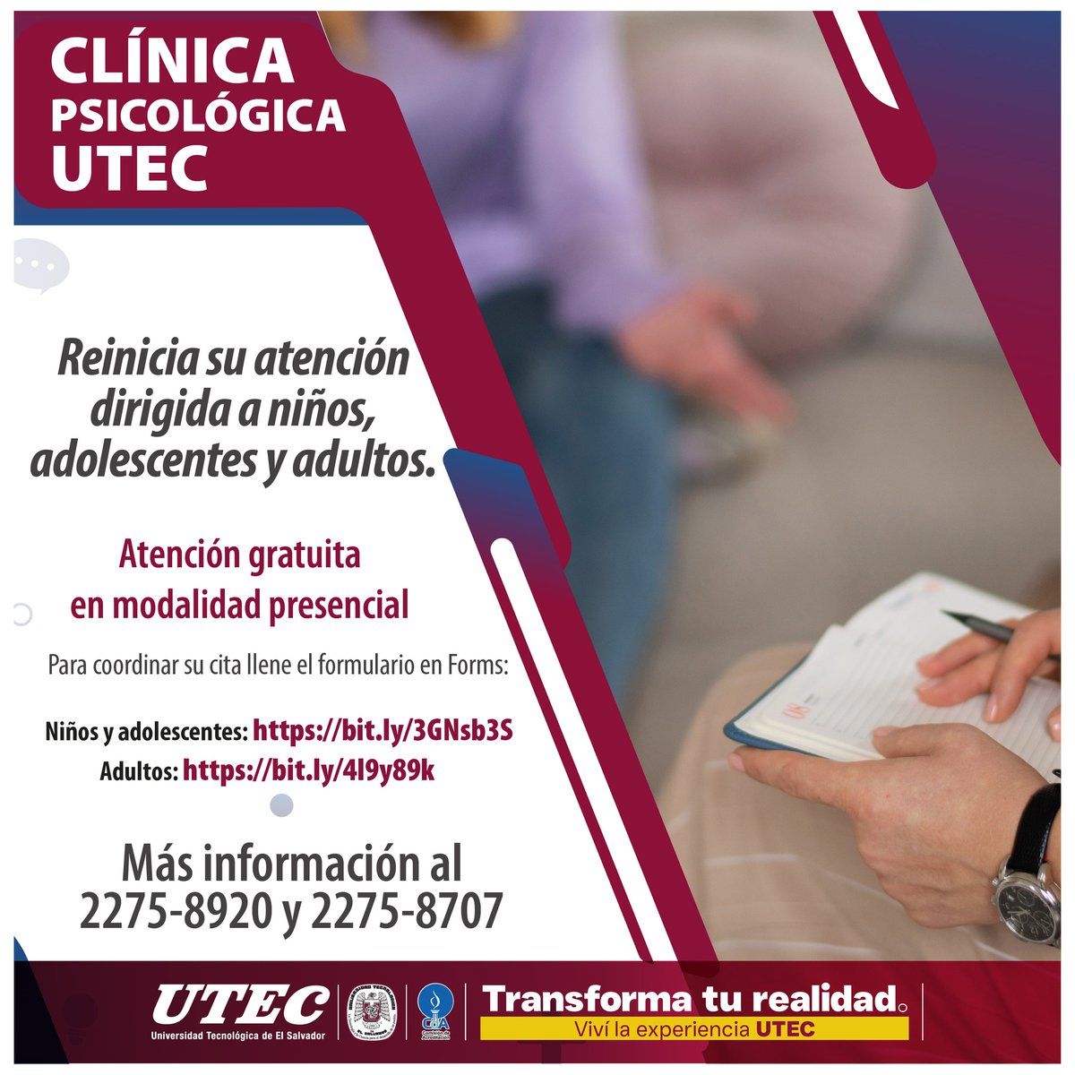 Nuestra Clínica Psicológica pone a tu disposición la atención dirigida a niños, adolescentes y adultos. Si deseas coordinar una cita llena el formulario en línea.

Niños y adolescentes: bit.ly/3GNsb3S
Adultos: bit.ly/4l9y89k