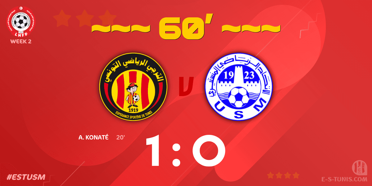 ESTuniscom's tweet photo. ⏱ 60' | #Ligue1Tn🇹🇳 Week 2 #ESTUSM | @ESTuniscom 1⃣-0⃣ #USMonastir : Score reminder / تذكير بالنتيجة / Rappel du score https://t.co/kQaX52FwMe