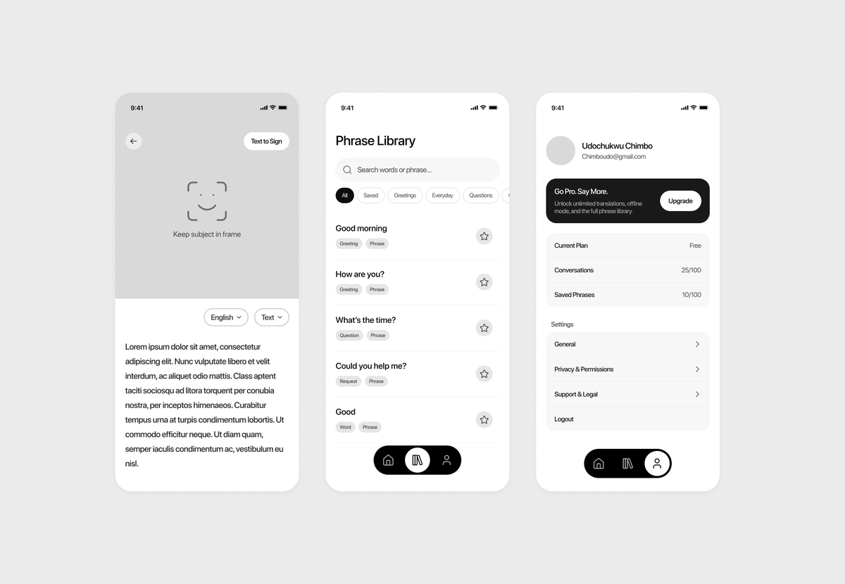 I and <a href="/izusol/">Izu.</a> are building an AI app that translates between ASL and English in real time. Sign to your camera and it speaks, or speak into your mic and a 3D avatar signs back.

Here are some wireframe screens
