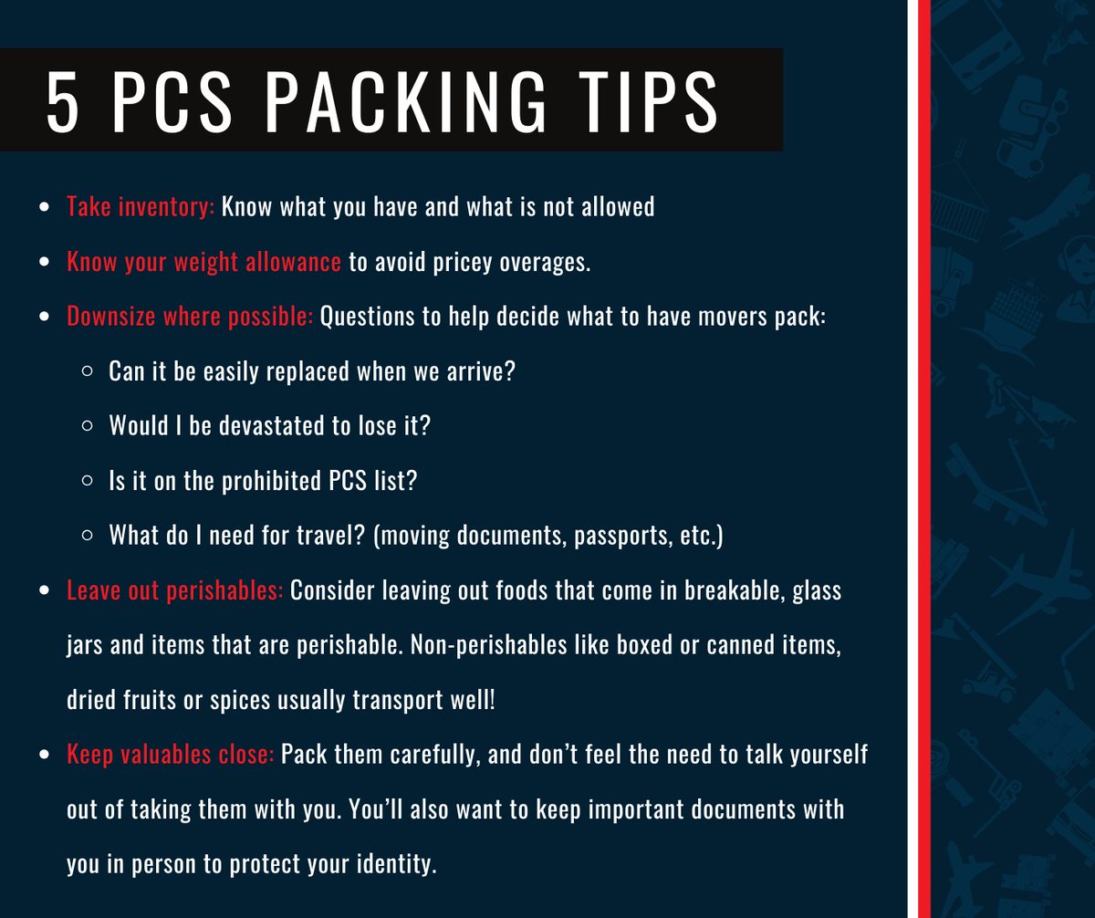 USNavy's tweet image. Moving soon? These 5 tips can save your sanity (and your stuff)! 🧳📦

Know what to pack, what to ditch, and how to stay under your weight limit.

#PCSMove #MilitaryLife #PCSTips @PCS_JTF