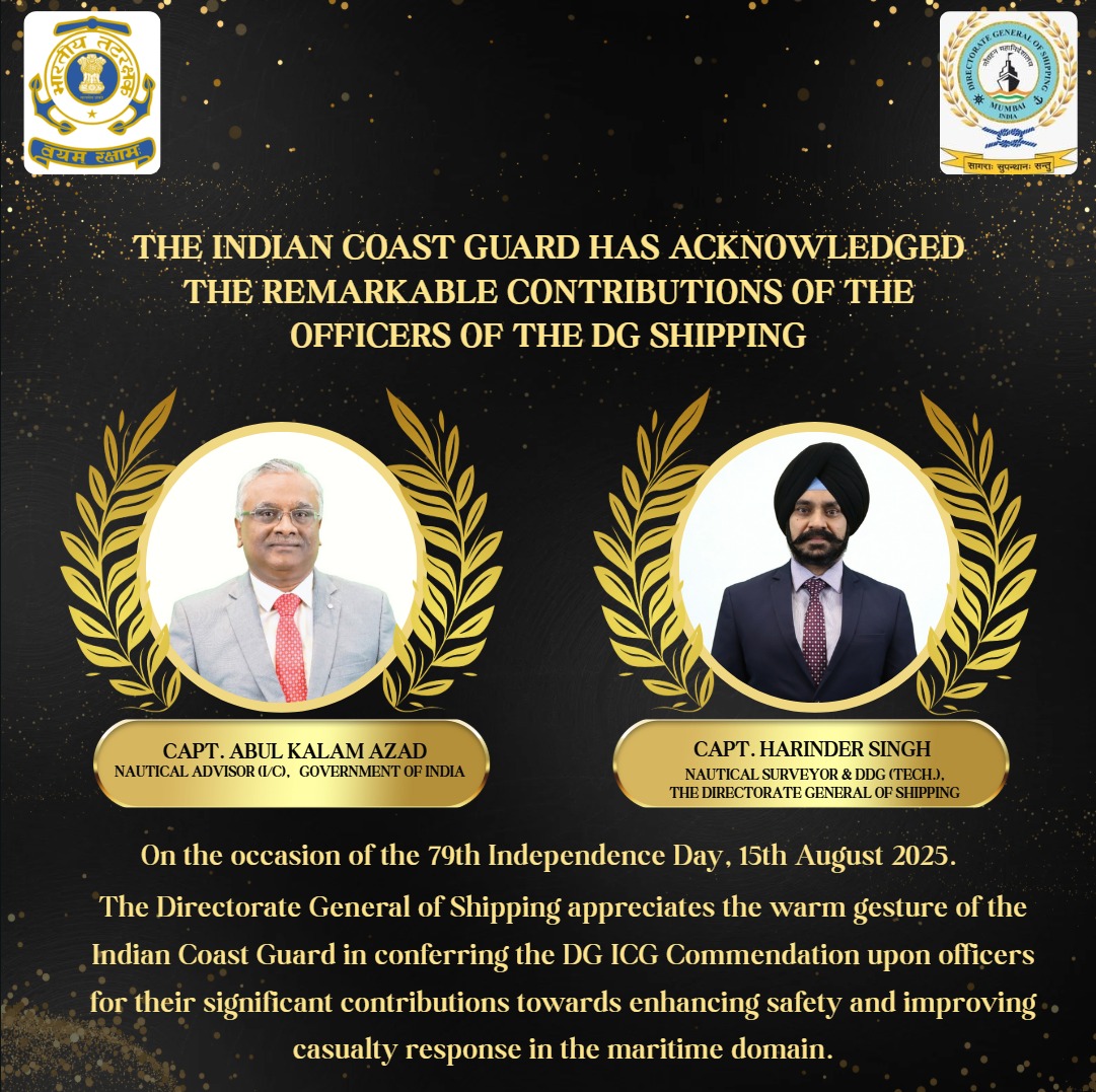 dgshipping_IN's tweet photo. Driven by a commitment to safer seas and effective maritime incident management, Capt. Abul Kalam Azad, Nautical Advisor (I/C), Government of India, and Capt. Harinder Singh, Nautical Surveyor & DDG (Tech.), DGS, have provided exemplary leadership in enhancing safety and improving casualty response in the maritime domain. Their ability to coordinate seamlessly across agencies, lead decisive actions, and inspire collective effort has brought meaningful improvements that safeguard seafarers and strengthen India’s maritime readiness.

On this Independence Day, we proudly recognise their distinguished service, honoured through the conferment of the DG ICG Commendation.

#MaritimeSafety #IndependenceDay2025 #SeafarerWelfare #DGShipping #IndiaAt79