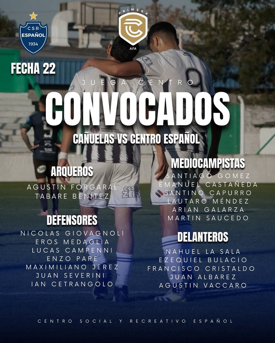 Estos son los convocados por Sergio Geldstein para visitar  a Cañuelas , por la fecha 22  de la Primera C - 🔵⚪️.

#VamosCentro #CentroEspañol #primerac