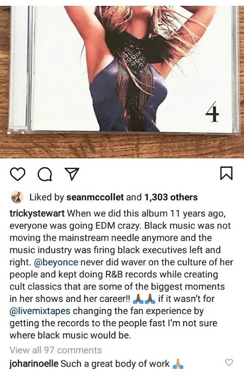 "When we did this album 11 years ago EDM was the craze, black music was not moving the mainstream  needle &amp; the industry was firing BLK execs, Beyoncé didnt waver on the culture  &amp; kept doing R&amp;B RECORDS while creating cult clsssics"

-TRICKY STEWART