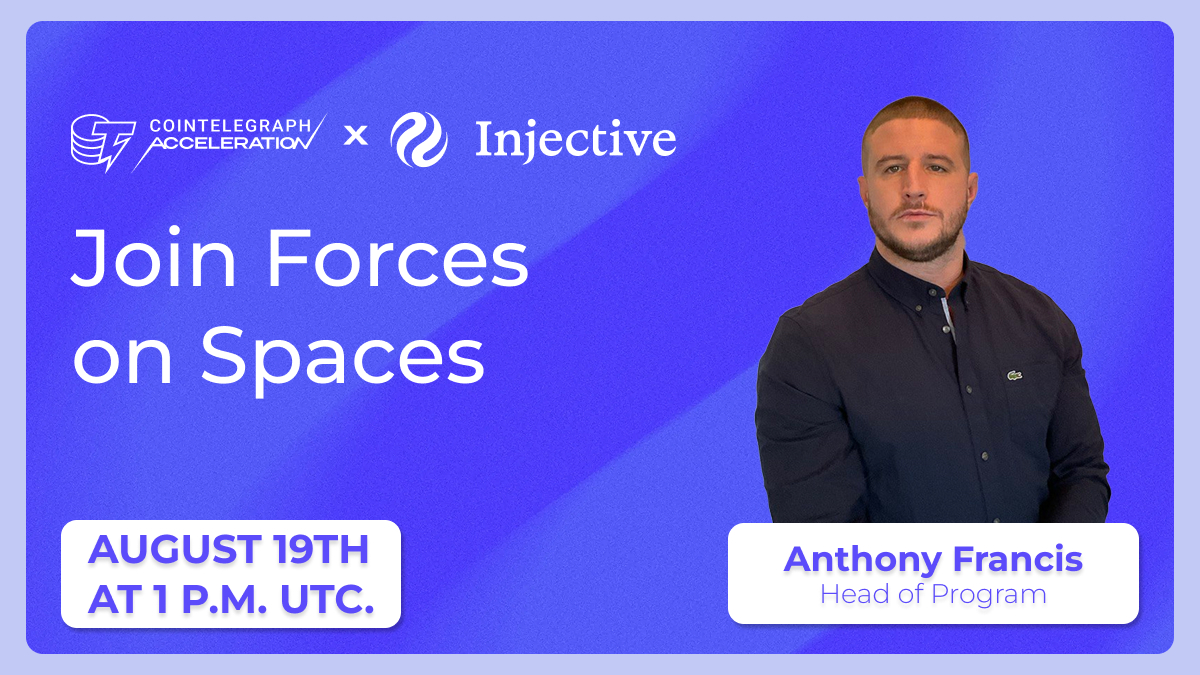 Cointelegraph Accelerator (@cointelegraphac) on Twitter photo 🎙️ Join us for an X Space this Tuesday (August 19th) at 1:00 P.M. UTC!
Our very own, <a href="/TheMrDip/">Anthony “Mr. Dip” Francis | 🇨🇦</a>, will be joining forces with <a href="/injective/">Injective 🥷</a> on the <a href="/Cointelegraph/">Cointelegraph</a> daily show.
Tune in for the latest market news, and maybe even a little alpha our joint acceleration program! 🎙️ Join us for an X Space this Tuesday (August 19th) at 1:00 P.M. UTC!
Our very own, <a href="/TheMrDip/">Anthony “Mr. Dip” Francis | 🇨🇦</a>, will be joining forces with <a href="/injective/">Injective 🥷</a> on the <a href="/Cointelegraph/">Cointelegraph</a> daily show.
Tune in for the latest market news, and maybe even a little alpha our joint acceleration program!