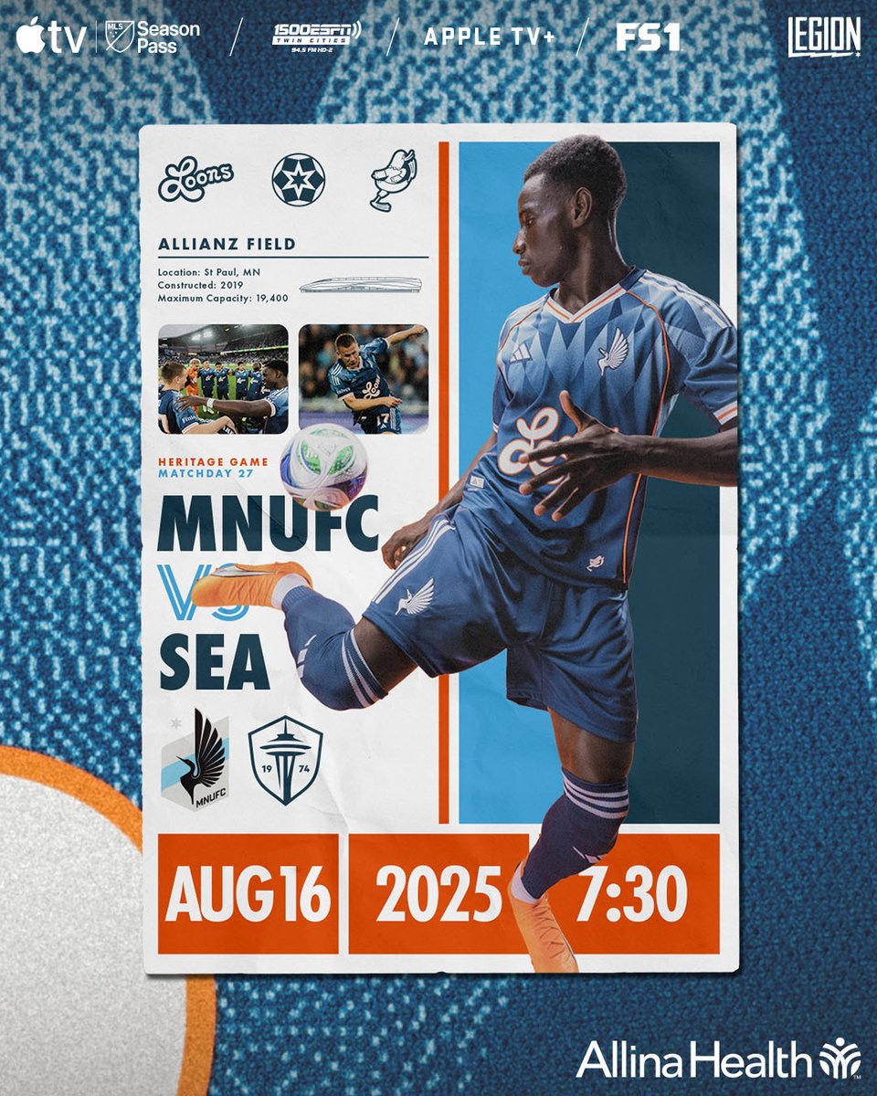 Hello Seattle

🆚 <a href="/SoundersFC/">Seattle Sounders FC</a>
📍 Allianz Field
📅 Sat, Aug 16
⏰ 7:30 p.m. CT
📺 Apple TV+, FS1
📻 1500 ESPN
🎟️ utd.mn/4fIqbqC