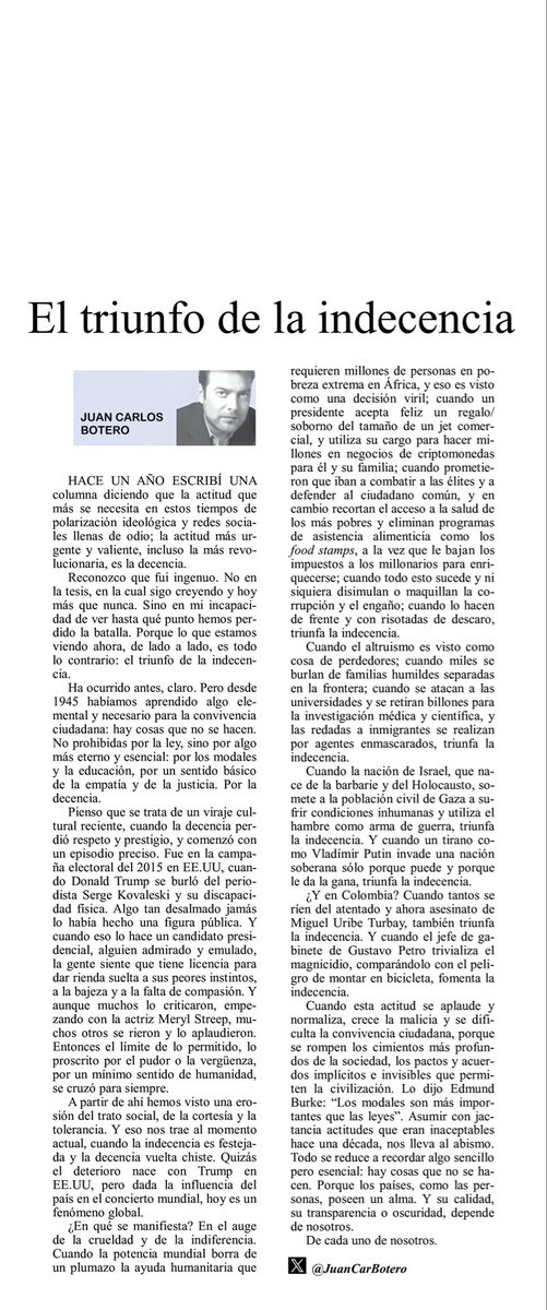Juan Carlos Botero (@juancarbotero) on Twitter photo “Reconozco que fui ingenuo. No en la tesis, en la cual sigo creyendo y hoy más que nunca. Sino en mi incapacidad de ver hasta qué punto hemos perdido la batalla”.
Comparto la versión en papel de mi columna
“El triunfo de la indecencia” en
<a href="/elespectador/">El Espectador</a> y <a href="/EEopinion/">El Espectador Opinión</a> “Reconozco que fui ingenuo. No en la tesis, en la cual sigo creyendo y hoy más que nunca. Sino en mi incapacidad de ver hasta qué punto hemos perdido la batalla”.
Comparto la versión en papel de mi columna
“El triunfo de la indecencia” en
<a href="/elespectador/">El Espectador</a> y <a href="/EEopinion/">El Espectador Opinión</a>