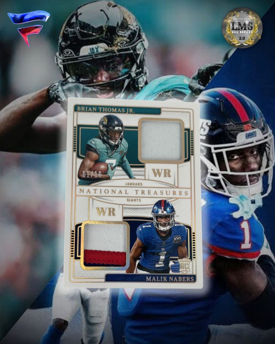🔥 DOUBLE TROUBLE! 🔥
Only 10 of these exist — and we just pulled one! 🏈💎
Brian Thomas Jr. &amp; Malik Nabers on a National Treasures Dual Patch is the kind of hit that makes collectors’ hearts race.

💥 01/10 — First off the line!
💥 Two rising WR stars, one monster card.

Who’s