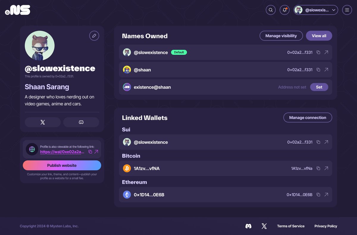 Introducing: SuiNS Profiles 👤

Profiles will give onchain identity a whole new meaning: see a user's names, check their linked socials, explore their multichain footprint, and so much more...

Understand the person, not just the wallet

Coming in Q4