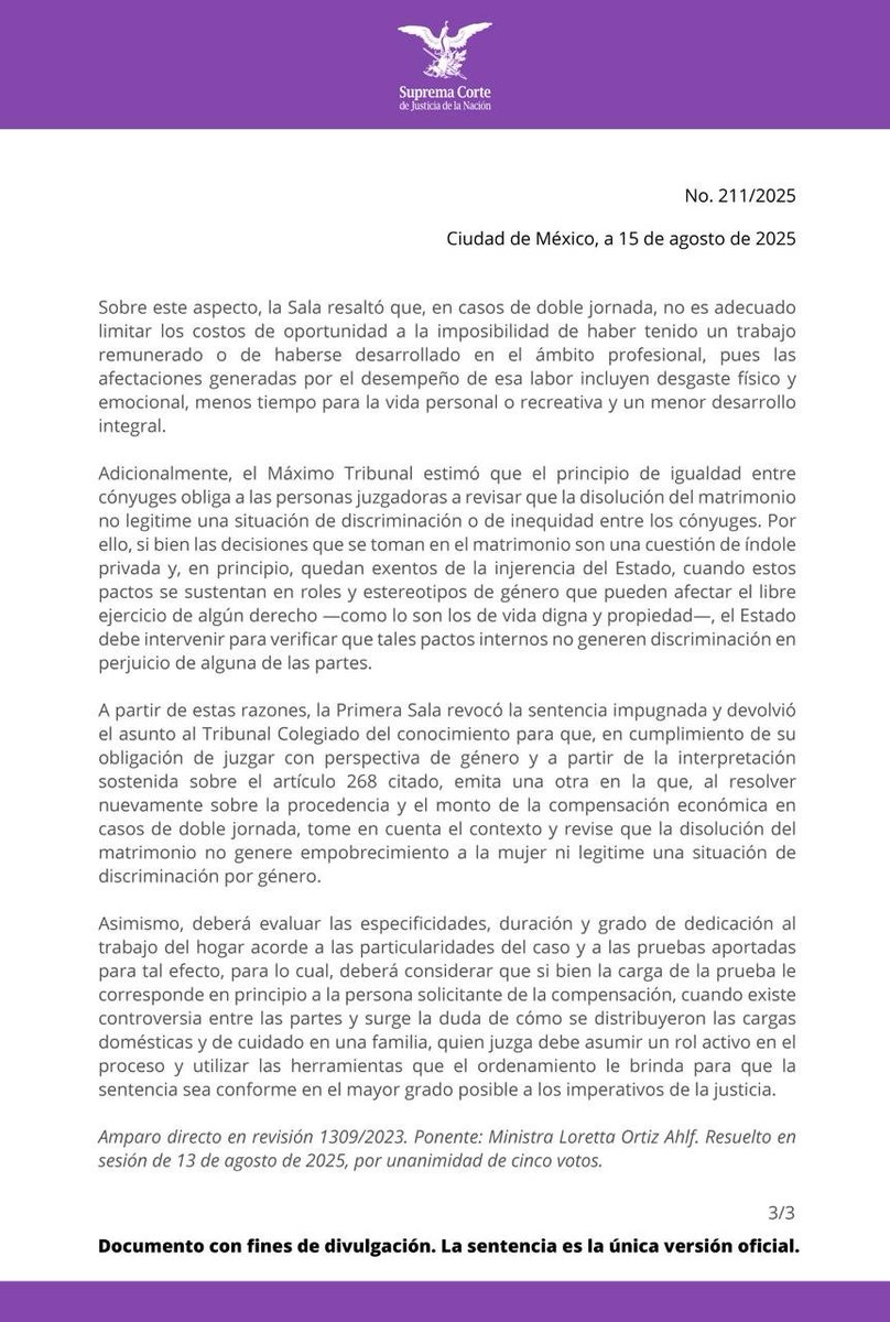 La existencia de un mayor ingreso y número de horas dedicadas al trabajo remunerado, de un cónyuge respecto al otro, no es un impedimento para obtener, luego del divorcio, una compensación económica que resarza y dignifique el trabajo doméstico: #PrimeraSalaSCJN