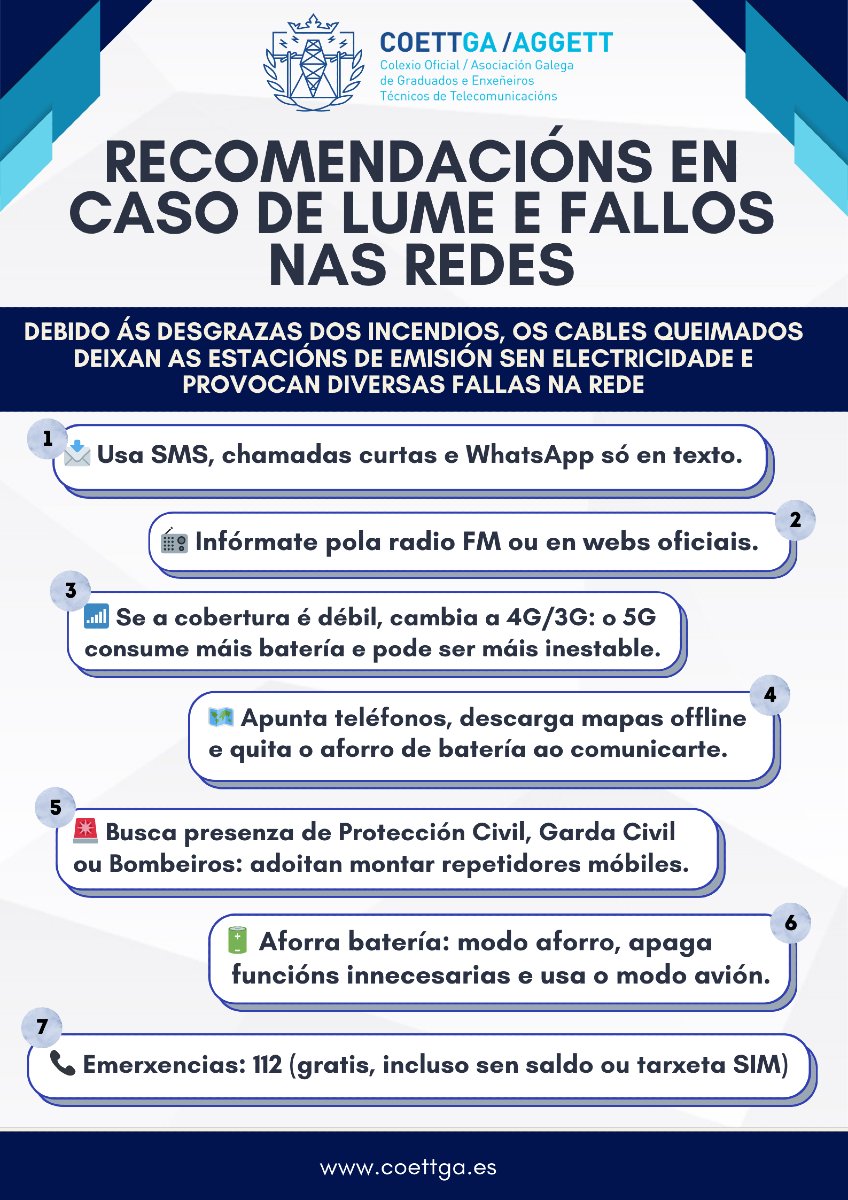 🔥 Debido aos recentes lumes, as redes de comunicación poden verse afectadas: cables queimados, estacións sen electricidade e fallos de cobertura. 💡 Por iso, poñemos á vosa disposición estas recomendacións para acceder a información fiable e mantervos conectados.