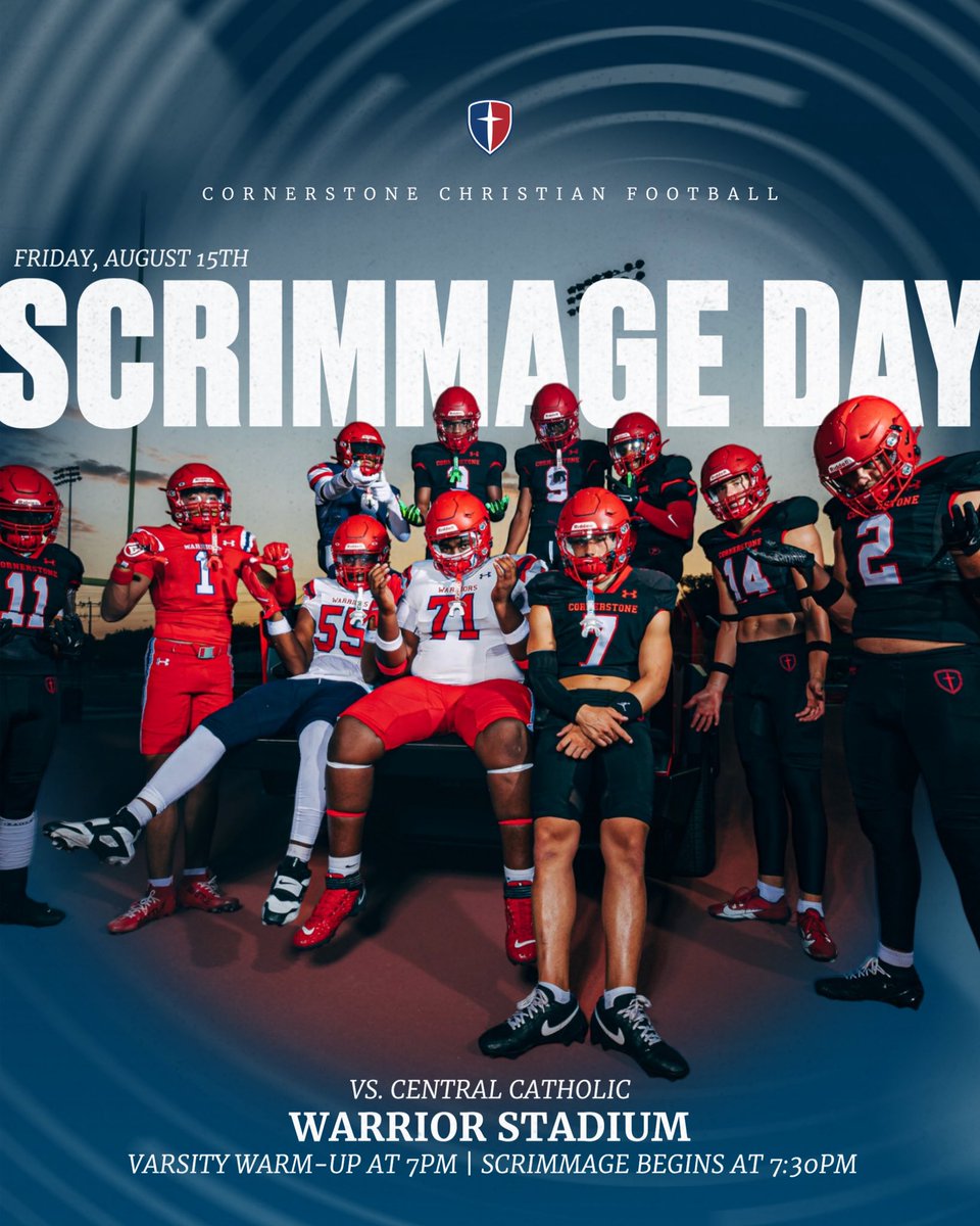 Cornerstone Warrior Football (@cornerstonefb) on Twitter photo First work of the season at the crib 🙂↕️ <a href="/coach9cg/">Clayton Guillory</a> <a href="/CCSRecruitingFB/">Cornerstone Football Recruiting</a> <a href="/kcolesports/">Kimberly Cole</a> <a href="/SILVERBACKU/">Benard Thomas SilverbackUniversity</a> <a href="/VypeSATX/">VYPE San Antonio</a> <a href="/sanantoniohss/">San Antonio High School Sports</a> <a href="/JButler_210/">Josh Butler</a> <a href="/_RL_Martin/">R.L. Martin</a> <a href="/BDammone/">Along The Wire</a> <a href="/iam_alinedouard/">Coach Alin Edouard</a>
🆚 Central Catholic
🏟️ Warrior Stadium
🗓️ Tonight, 8/15
⏰ 7:30PM First work of the season at the crib 🙂↕️ <a href="/coach9cg/">Clayton Guillory</a> <a href="/CCSRecruitingFB/">Cornerstone Football Recruiting</a> <a href="/kcolesports/">Kimberly Cole</a> <a href="/SILVERBACKU/">Benard Thomas SilverbackUniversity</a> <a href="/VypeSATX/">VYPE San Antonio</a> <a href="/sanantoniohss/">San Antonio High School Sports</a> <a href="/JButler_210/">Josh Butler</a> <a href="/_RL_Martin/">R.L. Martin</a> <a href="/BDammone/">Along The Wire</a> <a href="/iam_alinedouard/">Coach Alin Edouard</a>
🆚 Central Catholic
🏟️ Warrior Stadium
🗓️ Tonight, 8/15
⏰ 7:30PM