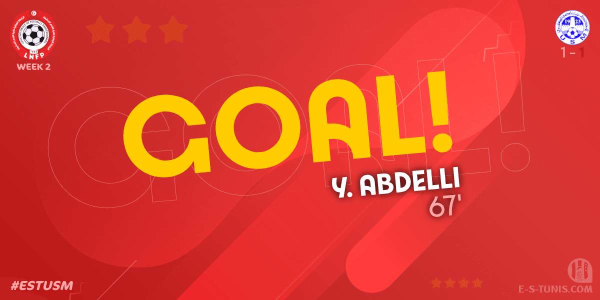 ESTuniscom's tweet photo. ⏱ 67' | #Ligue1Tn🇹🇳 Week 2 #ESTUSM | @ESTuniscom 1⃣-1⃣ #USMonastir : ⚽️ Y. Abdelli (USM) scores! / هدف / But https://t.co/usrMqSsOSX