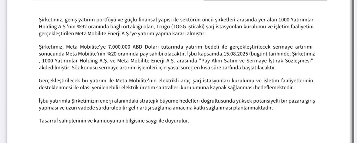 Tera Yatırım Teknoloji Holding, 1000 Yatırımlar Holding’in bağlı ortaklığı Meta Mobilite Enerji şirketine yatırım kararı aldı. 

7 milyon dolar tutarındaki yatırım sonucunda, şirketimiz Meta’da %20 pay sahibi olacaktır. 

Yatırımcılarımıza hayırlı olsun🧿 
#tera #tehol #binho