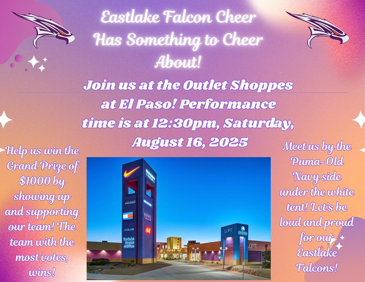 Join us tomorrow, the 16th, at the Outlet Shoppes at El Paso from 12:00-2:00pm! Our <a href="/Eastlake_HS/">Gilbert R . Martinez</a> Falcon Cheer has something to cheer about! Let’s get these votes in, Falcon Nation!! 💜🧡 #TeamSISD <a href="/SocorroISD/">Socorro ISD</a>