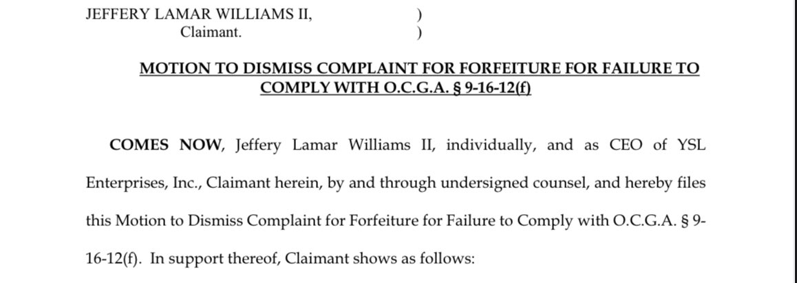 YSL Civil Case Update:

(the case about the state seizing Young Thug’s cars/money/jewelry in the raid) 

Brian Steel files a Motion to Dismiss due to the unlawful delay of this case. State has also already responded.  #ysltrial