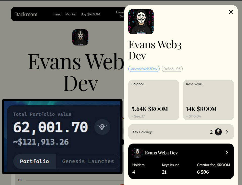 Evans Web3 Dev 的 Virtuals.io 钱包表现，显示 $8K 到 $121K 的转变