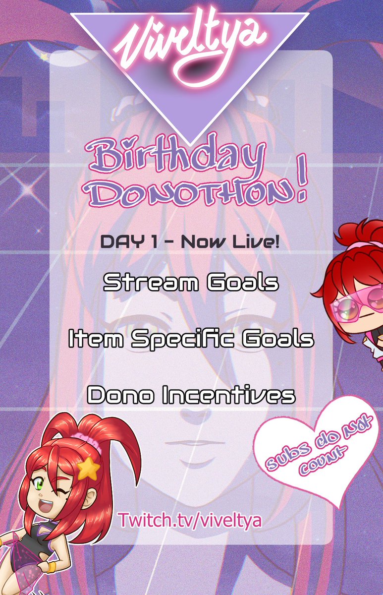 Going live for day 1 of my birthday donothon!!! Join me as I reveal the  goals and chat with friends! We'll be playing some Jackbox games as  well!  

twitch.tv/viveltya

#vtuber #ENVtuber