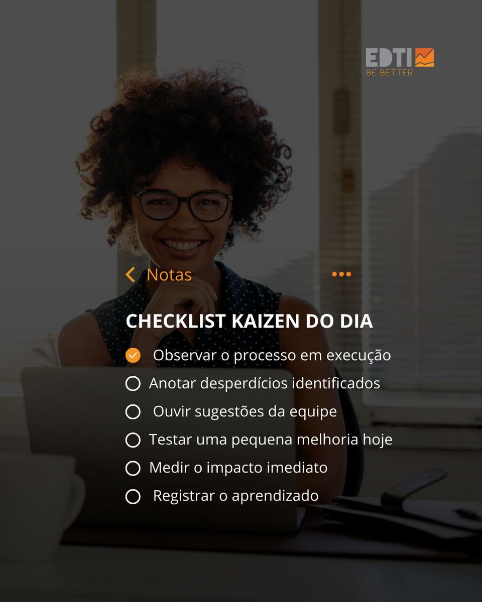 EscolaEDTI's tweet photo. 🚀 Pequenas ações, grandes resultados!
O Kaizen é sobre melhoria contínua, e você pode começar hoje mesmo 🛠️✨

📝 Use esse Checklist Kaizen do Dia para observar, agir e já colher resultados na sua rotina de trabalho.
Lembre-se: não precisa ser algo enorme! https://t.co/GBe4KxBgBx