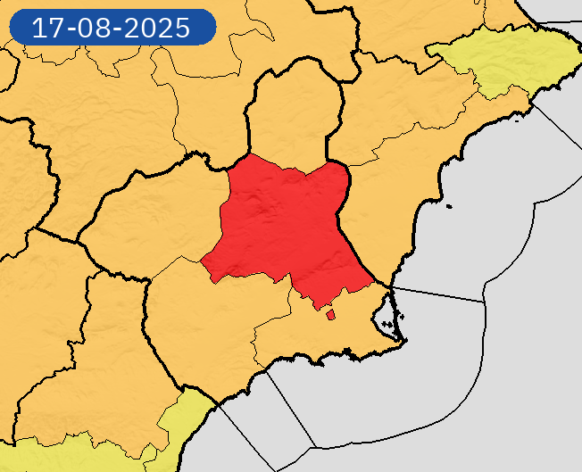 AEMET_Murcia's tweet photo. 15/08 19:06 Avisos  activos pasado mañana en Región de Murcia por temperaturas máximas. Nivel máximo de aviso: rojo.
Actualizaciones en https://t.co/gQDupQ393c https://t.co/FP9MZQ2SqF