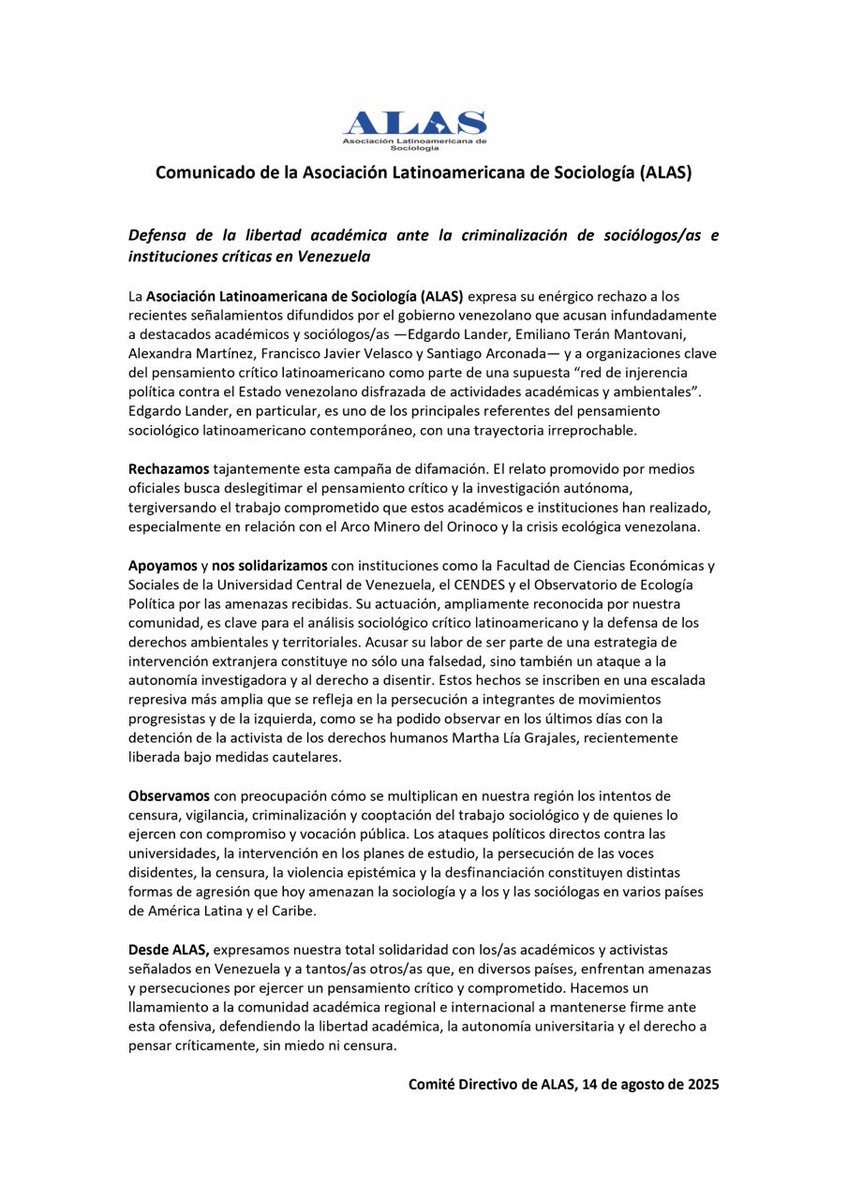 Keymer Ávila (@keymer_avila) on Twitter photo <a href="/Criminologia_/">Criminología UCV</a> <a href="/EfectoCocuyo/">Efecto Cocuyo</a> <a href="/cidepVE/">CIDEP</a> <a href="/Gbrl7/">G</a> <a href="/la_ferrer/">Leonel AlfonsoFerrer</a> <a href="/Francisco_Paz_Y/">Francisco Paz Y.</a> <a href="/LuzMelyReyes/">Luz Mely Reyes</a> <a href="/gabrieladelmarp/">Gabriela del Mar ⚖️</a> <a href="/miksuka92/">Carmen A. Mujica C.🇻🇪🙌❤️😉</a> <a href="/017ab8033a5b46b/">Silvia Belmonte</a> <a href="/ApucGerardoV/">Gerardo Vasquez</a> <a href="/marinoalvarado/">Marino Alvarado B</a> <a href="/johnmagdaleno/">John Magdaleno</a> <a href="/cliver2013/">Cliver A. Alcalá C.</a> <a href="/fanzinero/">Rafael Uzcátegui</a> <a href="/lexysrendon/">Lexys Rendón</a> <a href="/promedehum/">PROMEDEHUM</a> <a href="/OSPDH1/">Observatori del Sistema Penal i els Drets Humans</a> <a href="/AriasElerin/">Elerin Arias</a> <a href="/petrogustavo/">Gustavo Petro</a> <a href="/FrentAmplioVzla/">Frente Amplio Venezuela Libre</a> <a href="/lilianahs2013/">Liliana Hernandez S.</a> <a href="/AndresVelasqz/">Andrés Velásquez</a> <a href="/epocahumana/">Epoca Humana</a> <a href="/Miguel_Pizarro/">Miguel Pizarro</a> <a href="/lauralouzas/">Laura Louza</a> <a href="/maximofsiso/">Máximo Febres Siso</a> <a href="/WGBM44/">Dr. Walter Boza</a> <a href="/lortegadiaz/">Luisa Ortega Díaz</a> <a href="/3ercaminoprv/">PRVRUPTURATERCERCAMI</a> <a href="/AngelicaZamoraP/">Angelica Zamora</a> <a href="/WILMERNOLASCO/">Wilmer Nolasco</a> <a href="/carloscarcione/">carlos carcione</a> <a href="/BR_Ven/">The man in the high castle 🇻🇪</a> <a href="/BreuerCodecido/">Hildebrand Breuer Codecido</a> <a href="/pavese/">RocioSilvaSantisteban</a> <a href="/victoramaya/">Víctor Amaya</a> <a href="/bsousasantos/">Boaventura S. Santos</a> <a href="/dirderechoucv/">EscuelaDerechoUCV</a> <a href="/IIJUNAM/">Instituto de Investigaciones Jurídicas, UNAM</a> <a href="/monitor_FL/">Monitor Fuerza Letal en América Latina y El Caribe</a> <a href="/forumseguranca/">Fórum Brasileiro de Segurança Pública</a> <a href="/sabueno85/">Samira Bueno</a> <a href="/ideaspaz/">Fundación Ideas para la Paz</a> <a href="/Adrian_Bergmann/">Adrian Bergmann</a> <a href="/_Provea/">PROVEA</a> <a href="/cataperezcorrea/">Catalina Pérez Correa</a> <a href="/gloriaperdomog/">Gloria Perdomo</a> <a href="/HectorCarreonP/">Héctor Carreón Perea 🇲🇽</a> <a href="/lilitas007/">Lili</a> Comunicado de la Asociación Latinoamericana de Sociología (ALAS) en “Defensa de la libertad académica ante la criminalización de sociólogos/as e instituciones críticas en Venezuela”
Mi solidaridad con todos los afectados, en especial con los colegas investigadores. <a href="/Criminologia_/">Criminología UCV</a> <a href="/EfectoCocuyo/">Efecto Cocuyo</a> <a href="/cidepVE/">CIDEP</a> <a href="/Gbrl7/">G</a> <a href="/la_ferrer/">Leonel AlfonsoFerrer</a> <a href="/Francisco_Paz_Y/">Francisco Paz Y.</a> <a href="/LuzMelyReyes/">Luz Mely Reyes</a> <a href="/gabrieladelmarp/">Gabriela del Mar ⚖️</a> <a href="/miksuka92/">Carmen A. Mujica C.🇻🇪🙌❤️😉</a> <a href="/017ab8033a5b46b/">Silvia Belmonte</a> <a href="/ApucGerardoV/">Gerardo Vasquez</a> <a href="/marinoalvarado/">Marino Alvarado B</a> <a href="/johnmagdaleno/">John Magdaleno</a> <a href="/cliver2013/">Cliver A. Alcalá C.</a> <a href="/fanzinero/">Rafael Uzcátegui</a> <a href="/lexysrendon/">Lexys Rendón</a> <a href="/promedehum/">PROMEDEHUM</a> <a href="/OSPDH1/">Observatori del Sistema Penal i els Drets Humans</a> <a href="/AriasElerin/">Elerin Arias</a> <a href="/petrogustavo/">Gustavo Petro</a> <a href="/FrentAmplioVzla/">Frente Amplio Venezuela Libre</a> <a href="/lilianahs2013/">Liliana Hernandez S.</a> <a href="/AndresVelasqz/">Andrés Velásquez</a> <a href="/epocahumana/">Epoca Humana</a> <a href="/Miguel_Pizarro/">Miguel Pizarro</a> <a href="/lauralouzas/">Laura Louza</a> <a href="/maximofsiso/">Máximo Febres Siso</a> <a href="/WGBM44/">Dr. Walter Boza</a> <a href="/lortegadiaz/">Luisa Ortega Díaz</a> <a href="/3ercaminoprv/">PRVRUPTURATERCERCAMI</a> <a href="/AngelicaZamoraP/">Angelica Zamora</a> <a href="/WILMERNOLASCO/">Wilmer Nolasco</a> <a href="/carloscarcione/">carlos carcione</a> <a href="/BR_Ven/">The man in the high castle 🇻🇪</a> <a href="/BreuerCodecido/">Hildebrand Breuer Codecido</a> <a href="/pavese/">RocioSilvaSantisteban</a> <a href="/victoramaya/">Víctor Amaya</a> <a href="/bsousasantos/">Boaventura S. Santos</a> <a href="/dirderechoucv/">EscuelaDerechoUCV</a> <a href="/IIJUNAM/">Instituto de Investigaciones Jurídicas, UNAM</a> <a href="/monitor_FL/">Monitor Fuerza Letal en América Latina y El Caribe</a> <a href="/forumseguranca/">Fórum Brasileiro de Segurança Pública</a> <a href="/sabueno85/">Samira Bueno</a> <a href="/ideaspaz/">Fundación Ideas para la Paz</a> <a href="/Adrian_Bergmann/">Adrian Bergmann</a> <a href="/_Provea/">PROVEA</a> <a href="/cataperezcorrea/">Catalina Pérez Correa</a> <a href="/gloriaperdomog/">Gloria Perdomo</a> <a href="/HectorCarreonP/">Héctor Carreón Perea 🇲🇽</a> <a href="/lilitas007/">Lili</a> Comunicado de la Asociación Latinoamericana de Sociología (ALAS) en “Defensa de la libertad académica ante la criminalización de sociólogos/as e instituciones críticas en Venezuela”
Mi solidaridad con todos los afectados, en especial con los colegas investigadores.