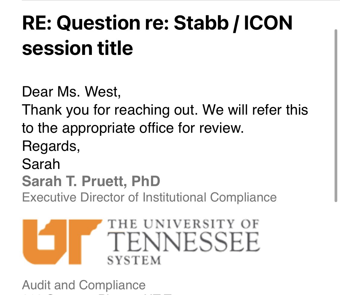 Mary Beth West, APR (@marybethwest) on Twitter photo <a href="/TombrasUTK/">Tombras School of Advertising & PR</a> <a href="/UTCCI/">UT College of Communication & Information</a> <a href="/joestabb/">Joe Stabb, Ph.D., TE, APR, ACUE</a> <a href="/PRSA/">PRSA</a> <a href="/UTK_PRSSA/">UTK PRSSA</a> <a href="/wbir/">WBIR Channel 10</a> <a href="/6News/">WATE 6 On Your Side</a> <a href="/wvlt/">wvlt</a> <a href="/knoxnews/">Knox News</a> <a href="/WKRN/">WKRN News 2</a> <a href="/FOXNashville/">FoxNashville</a> <a href="/WSMV/">WSMV 4 Nashville</a> <a href="/NC5/">NewsChannel 5</a> <a href="/Tennessean/">Tennessean</a> <a href="/AP/">The Associated Press</a> Thank you to UT Compliance for providing a response to me via email 30 minutes ago, based on my written report to them earlier this week. I hope to receive notice soon on UT’s conclusion abt this matter. Ideally, UT should ask <a href="/PRSA/">PRSA</a> to remove this “session” title from its agenda. <a href="/TombrasUTK/">Tombras School of Advertising & PR</a> <a href="/UTCCI/">UT College of Communication & Information</a> <a href="/joestabb/">Joe Stabb, Ph.D., TE, APR, ACUE</a> <a href="/PRSA/">PRSA</a> <a href="/UTK_PRSSA/">UTK PRSSA</a> <a href="/wbir/">WBIR Channel 10</a> <a href="/6News/">WATE 6 On Your Side</a> <a href="/wvlt/">wvlt</a> <a href="/knoxnews/">Knox News</a> <a href="/WKRN/">WKRN News 2</a> <a href="/FOXNashville/">FoxNashville</a> <a href="/WSMV/">WSMV 4 Nashville</a> <a href="/NC5/">NewsChannel 5</a> <a href="/Tennessean/">Tennessean</a> <a href="/AP/">The Associated Press</a> Thank you to UT Compliance for providing a response to me via email 30 minutes ago, based on my written report to them earlier this week. I hope to receive notice soon on UT’s conclusion abt this matter. Ideally, UT should ask <a href="/PRSA/">PRSA</a> to remove this “session” title from its agenda.