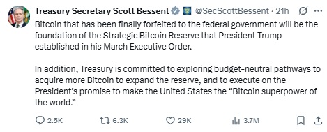 Treasury Secretary trying to clean up his interview comment about the US not buying ₿, back to exploring budget neutral ways to acquire ₿ for the US SBR (established with seized ₿ holdings)