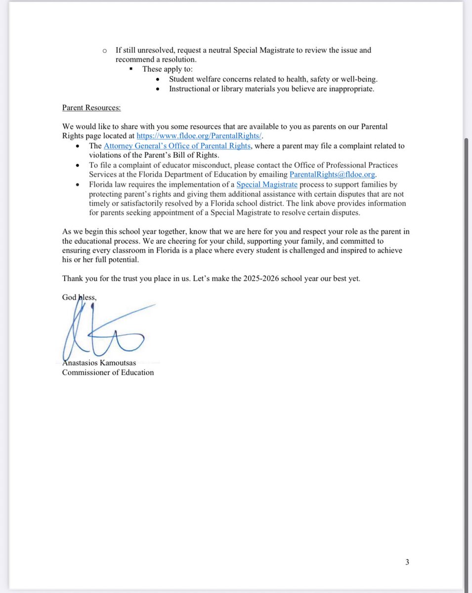 CATALINA STUBBE (@catalinastubbe) on Twitter photo ⚠️Florida Parents' Rights in Education🚨
Recent letter from FL Commissioner of Education <a href="/StasiKamoutsas/">Anastasios Kamoutsas</a> outlines key parental rights:
✅ Direct your child's education, upbringing, moral & religious training
✅ Choose public, private, religious, or home education
✅ Review ⚠️Florida Parents' Rights in Education🚨
Recent letter from FL Commissioner of Education <a href="/StasiKamoutsas/">Anastasios Kamoutsas</a> outlines key parental rights:
✅ Direct your child's education, upbringing, moral & religious training
✅ Choose public, private, religious, or home education
✅ Review