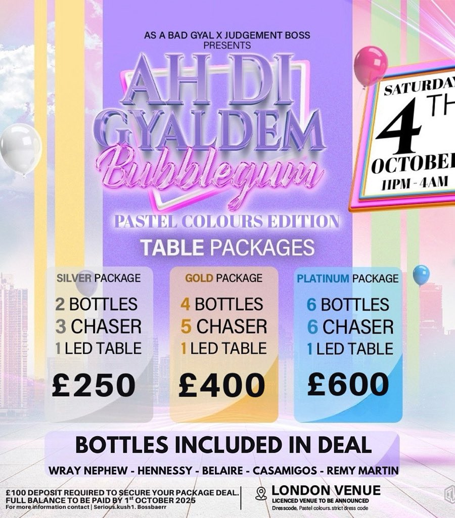 sweetcandy451's tweet photo. ✨ As a Bad Gyal links up with Judgement Boss  presents: ✨

AH DI GYAL DEM BUBBLEGUM 
THEME : 
PASTEL COLOURS ONLY ‼️‼️‼️
📅 Sat 4th Oct 2025
⏰ 11pm-5am 
📍 South London 
£15 🎫 SOLD OUT ⛔️
 £20 🎫VERY LIMITED ‼️✅ 
💎 Table packages available
🎟️ Tickets available via website https://t.co/NcPJe04v2w