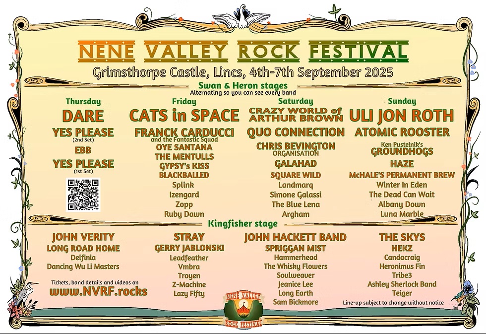 Great line up of rock &amp; blues inc. LONG ROAD HOME and JOHN VERITY BAND on the opening Thursday night 4th Sept. 4 days of superb music on the Grimsthorpe Castle estate in Lincs. Day tickets or 4 days at reasonable prices plus camping on site. Info /tickets: nvrf.rocks