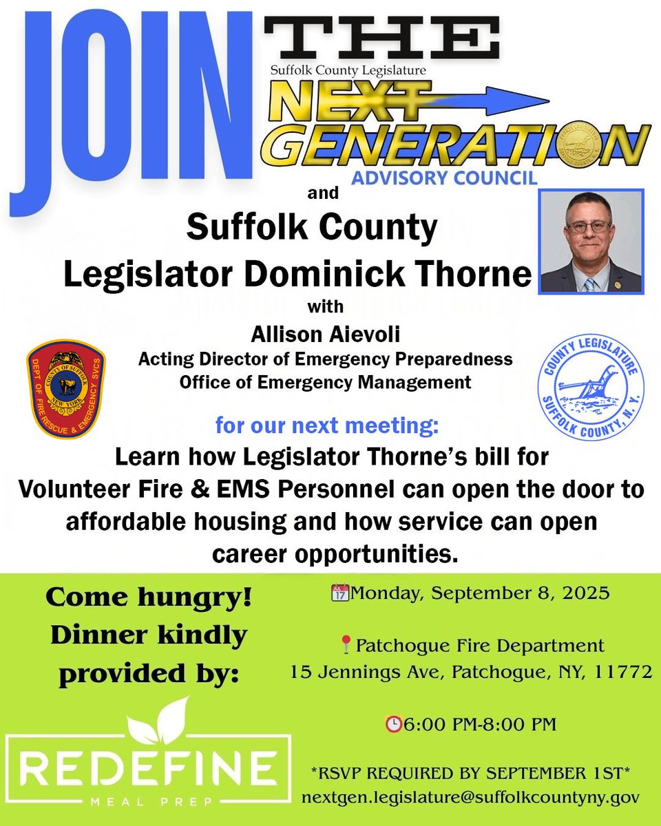 The Next Generation of Fire, Rescue &amp; Emergency Services! Join us Mon, Sept 8 from 6–8 PM at the Patchogue Fire Dept. for a discussion on careers, volunteer service &amp; new affordable housing opportunities for Fire &amp; EMS personnel. #FireRescue #EMS #NextGenLeaders #SuffolkCounty