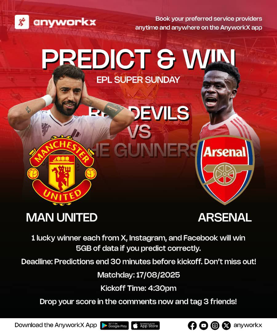 ⚽🔥 PREDICT &amp; WIN! 🔥⚽
It’s EPL Super Sunday – Manchester United 🆚 Arsenal!

Think you know the final score? 🤔 Predict correctly and stand a chance to win 5GB data! 📶🎉

🗓 Matchday: 17/08/2025
⏰ Kickoff: 4:30 PM
⏳ Predictions close 30 minutes to the start of the match!